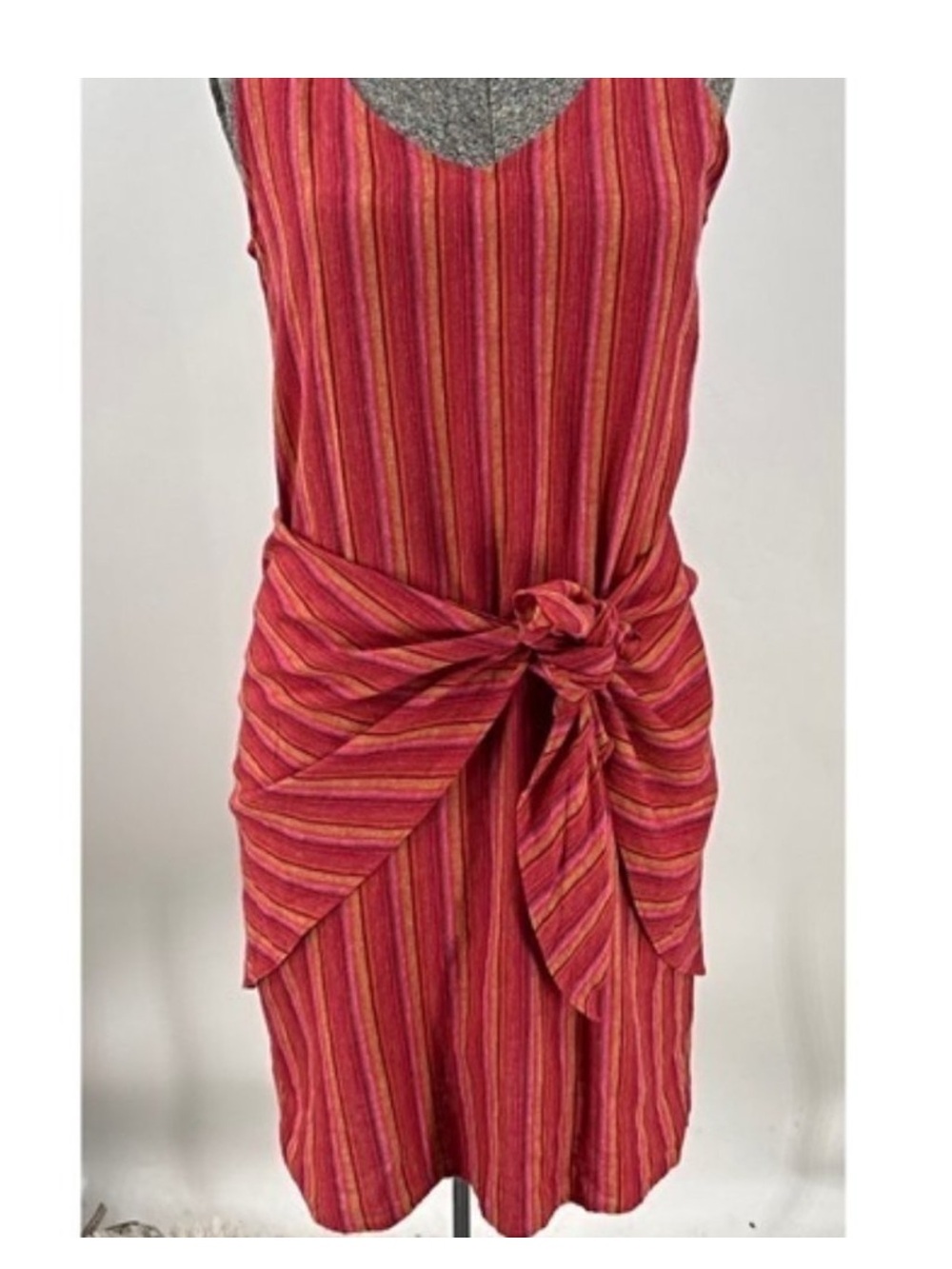 DREW Striped Red Linen Blend Tie-Waist Sleeveless Dress. Great Condition.